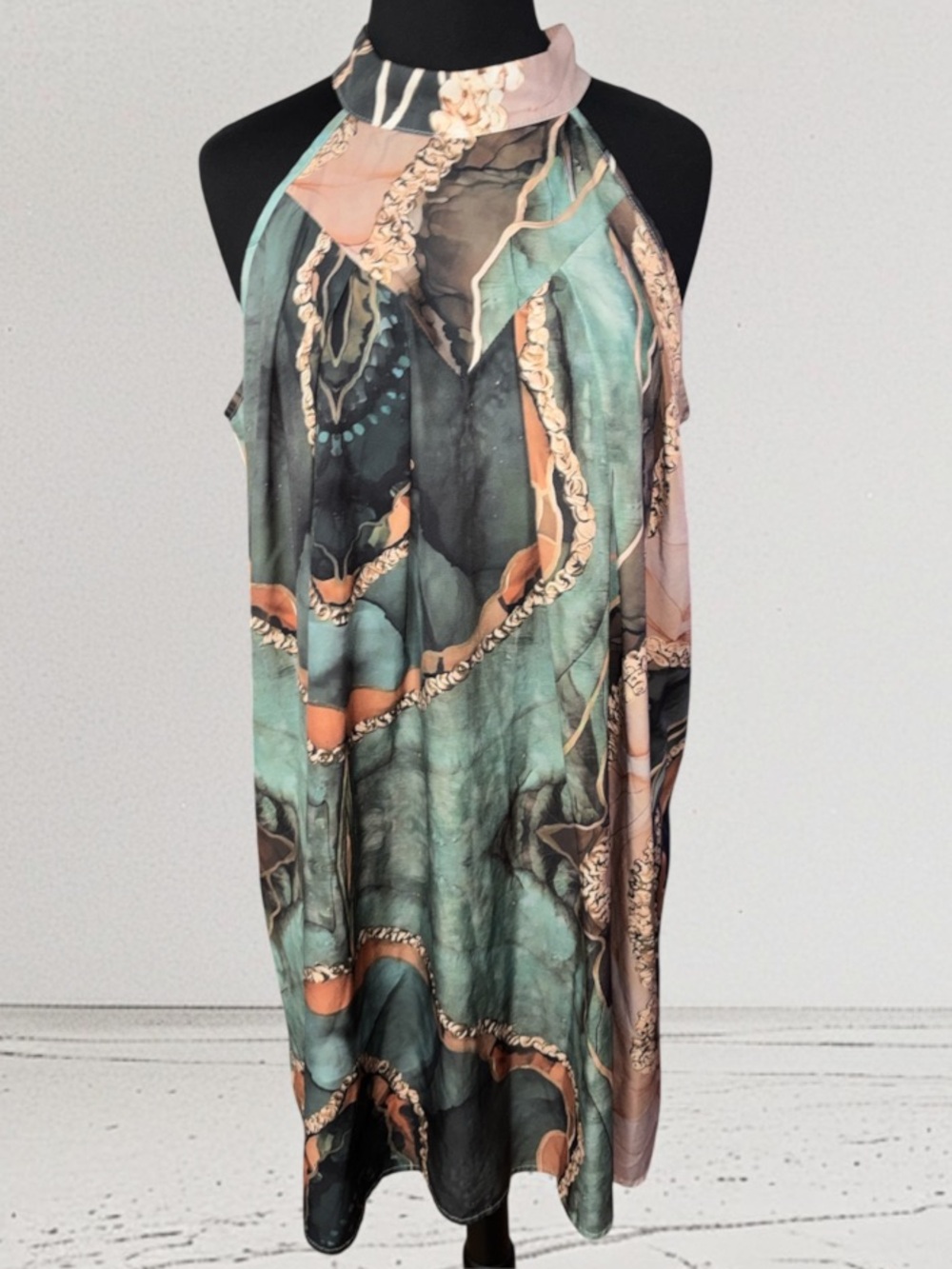 Open-Shoulder Printed Halter Dress in Teal/Peach, P2P:21”, L:37”